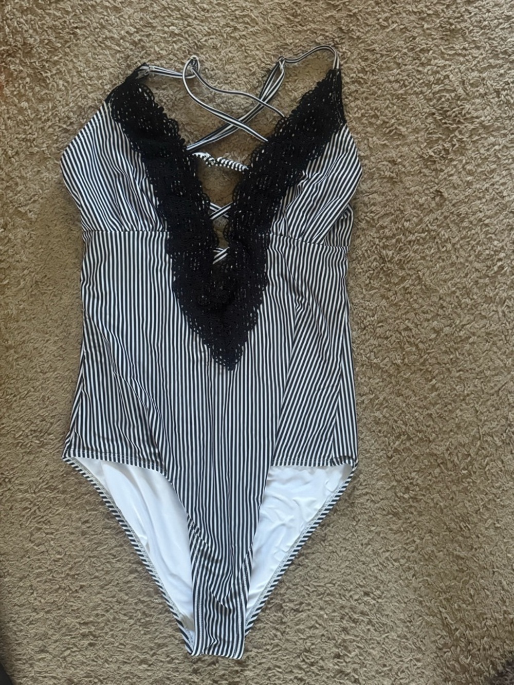 Amazon Black & White Striped Lace-Trim One-Piece Swimsuit
